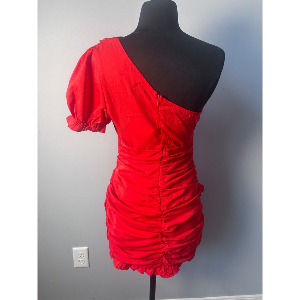 Hello Molly Red One Shoulder Ruched Puff Sleeve Mini‎ Dress US 8 nwt - Picture 5 of 16